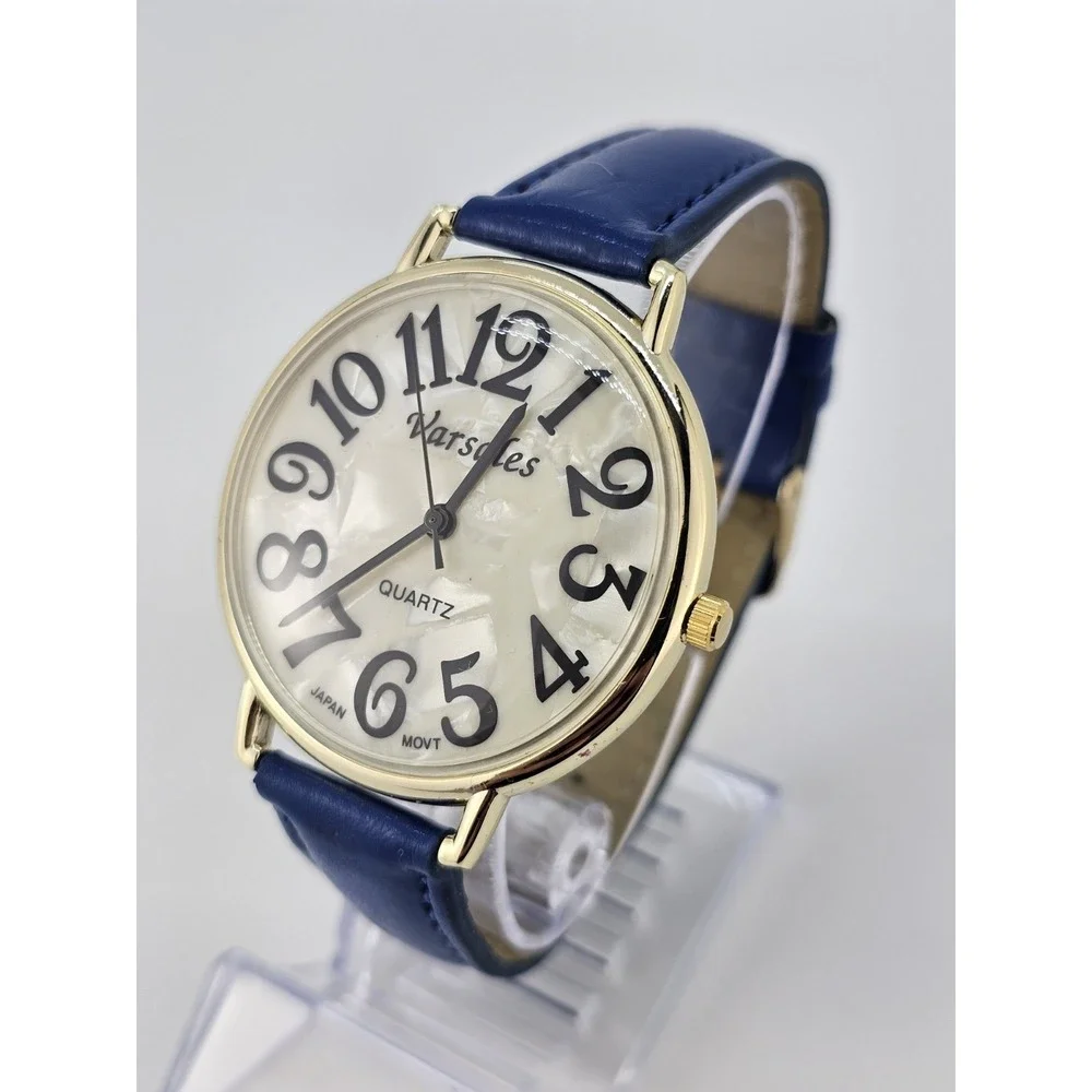 Versales Women's Watch 44MM Cream‎ Dial Blue Faux Leather Bands NEW Battery